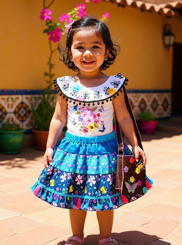 Girls Mexican Fiesta Costume: Serape Skirt, Floral Top & Handbag