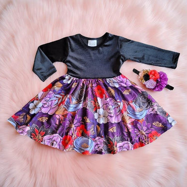 Halloween Velvet Top Dress: Floral Fall Toddler Twirl Dress