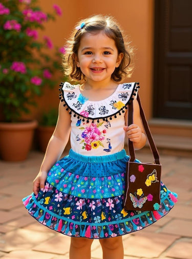 Girls Mexican Fiesta Costume: Serape Skirt, Floral Top & Handbag