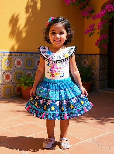 Girls Mexican Fiesta Costume: Serape Skirt, Floral Top & Handbag