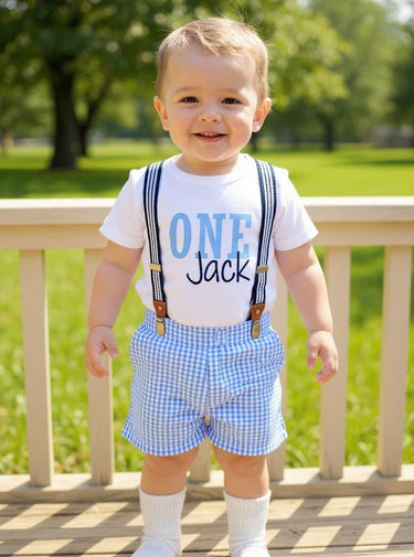 1st Birthday Boy ONE Outfit: Blue Seersucker Shorts, Suspenders & Bodysuit