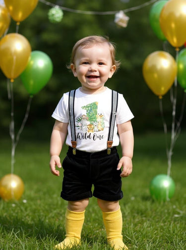 1st birthday Jungle wild one boy suspender gold black velvet short