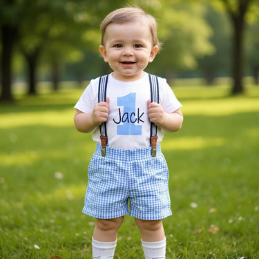 1st Birthday Boy Outfit: Seersucker Shorts, Bodysuit & Suspenders