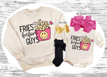 Fries Before Guys® Baby tee Outfit, Valentine's Day Sweatshirt bubble romper