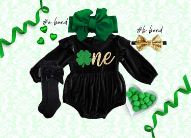 St.Patricks Day 1st birthday girls shamrock one Velvet bubble Romper Baby Outfit