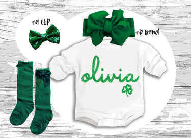 Personalized St. Patrick's Day Baby Outfit: Romper, Bow Clip, Headband & Socks