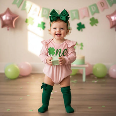 St. Patrick's Day 1st birthday girls shamrock one Velvet bubble Romper Pink Baby Outfit