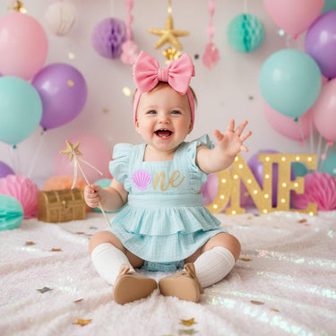 Mermaid Birthday Romper Set: pink lavender aqua Ruffle, Starfish Headband seashell one or two