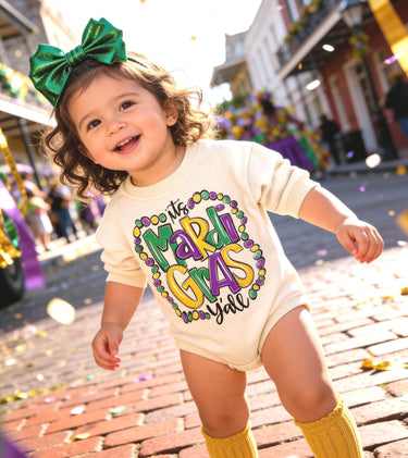 Mardi Gras Baby Outfit: Romper, Bow, Socks & Clip Set