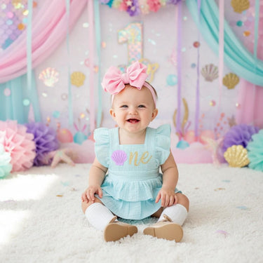 Mermaid Birthday Romper Set: pink lavender aqua Ruffle, Starfish Headband seashell one or two