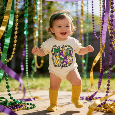 Mardi Gras Baby Outfit: Romper, Bow, Socks & Clip Set