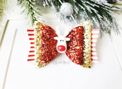 CHRISTMAS BOW CLIP REINDEER GLITTER LEATHER BOW ALLIGATOR CLIP