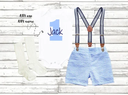 1ST BIRTHDAY BOY BLUE SEERSUCKER SUSPENDER SHORT SET