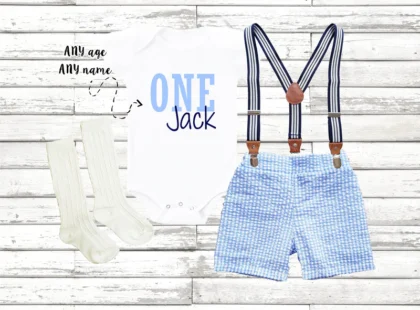 1ST BIRTHDAY BOY BLUE SUSPENDER SHORT SET