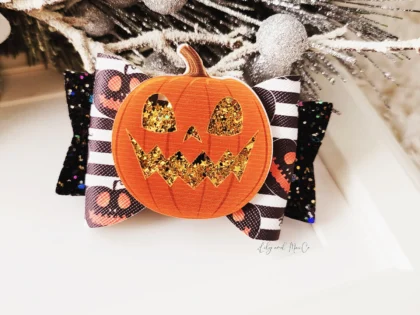 HALLOWEEN SHAKER JACK-O-LANTERN GLITTER LEATHER BOW CLIP