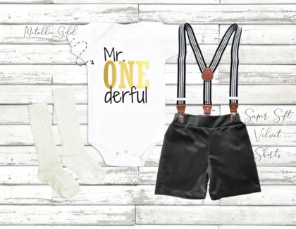 MR ONEDERFUL 1ST BIRTHDAY BOY BLACK AND GOLD SUSPENDER SHORT SET