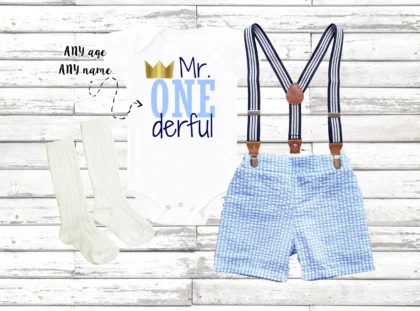 MR ONEDERFUL 1ST BIRTHDAY BOY SUSPENDER SHORT SET