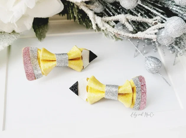 School pencil mini hair bow clip pencil glitter leather bow alligator clip pencil glitter bow clip school yellow pencil glitter bow clip