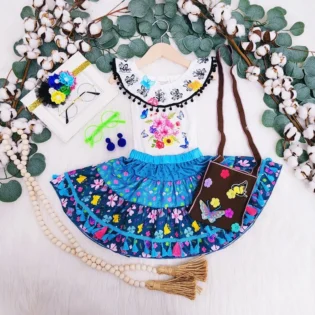 Girls birthday Outfit Mexican floral girl costume glasses , Mexican floral blue skirt Halloween Dress outfit earrings