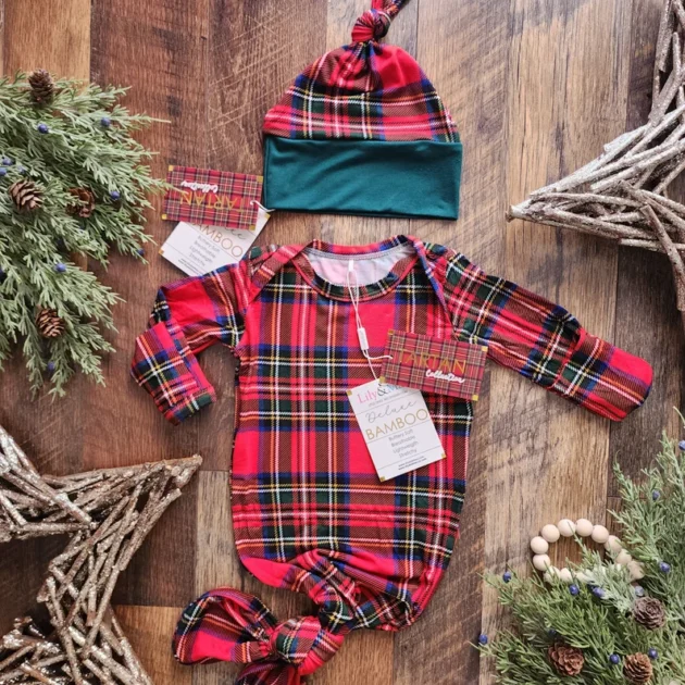 NEW- Bamboo Christmas baby knotted gown, Christmas plaid Tartan baby boy girl unisex gown, Tartan Collection bamboo baby knotted gown