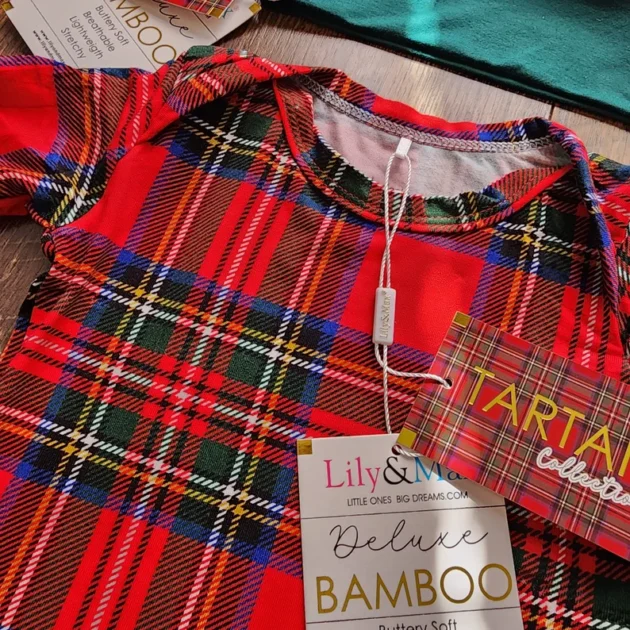 NEW- Bamboo Christmas baby knotted gown, Christmas plaid Tartan baby boy girl unisex gown, Tartan Collection bamboo baby knotted gown