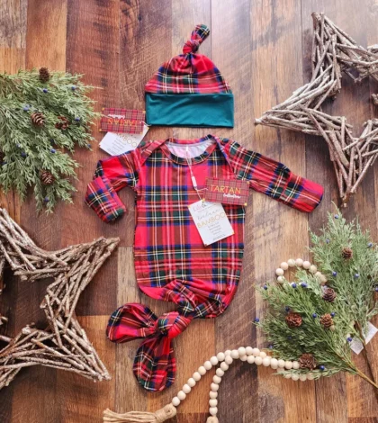 NEW- Bamboo Christmas baby knotted gown, Christmas plaid Tartan baby boy girl unisex gown, Tartan Collection bamboo baby knotted gown