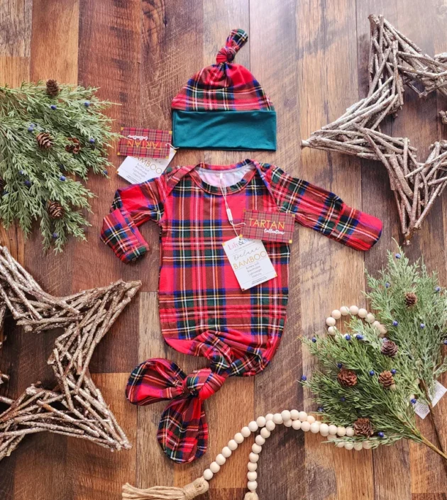 NEW- Bamboo Christmas baby knotted gown, Christmas plaid Tartan baby boy girl unisex gown, Tartan Collection bamboo baby knotted gown