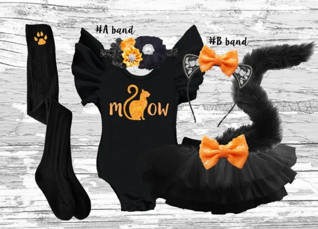 Cat girls outfit, Halloween Cat meow tutu bloomer outfit, Halloween cat party smash cake outfit, Black cat meow flutter sleeve leotard