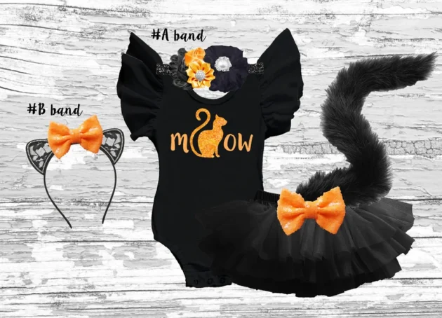 Cat girls outfit, Halloween Cat meow tutu bloomer outfit, Halloween cat party smash cake outfit, Black cat meow flutter sleeve leotard