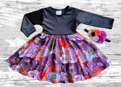 Halloween girl dress, Fall girl black VELVET top dress,Halloween floral girl dress, Fall Halloween toddler dress, Halloween witch baby dress