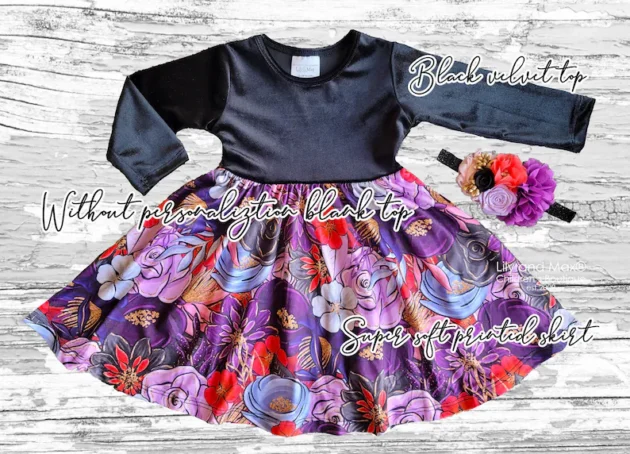 Halloween girl dress, Fall girl black VELVET top dress,Halloween floral girl dress, Fall Halloween toddler dress, Halloween witch baby dress