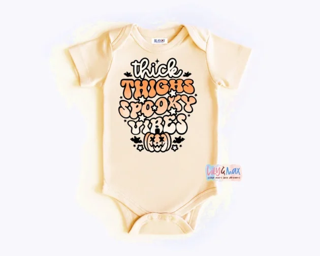 Halloween retro vibes baby bodysuit, thick thighs spooky vibes shirt, groovy baby, Halloween retro hippie bodysuit, boho baby