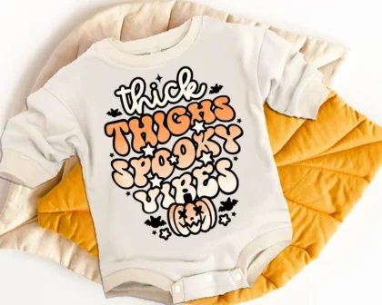 Halloween retro vibes baby bodysuit, thick thighs spooky vibes shirt, groovy baby, Halloween retro hippie bodysuit, boho baby